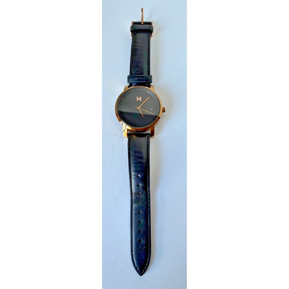 MVMT Men's Watch Black Dial Rose Gold Tone Case Genuine Leather Band Minimalist
